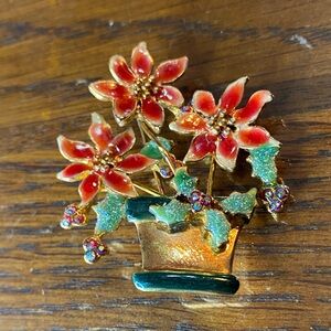 Vintage TC Gold-Tone floral Brooch with Red Enamel Flowers and Green Accents